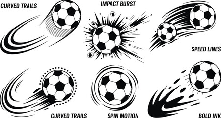 Collection of Stylized Soccer Balls with Motion Effects and Trails Keywords: soccer, football, ball, sport, game, motion, speed, action, dynamic, graphic, illustration, vector, design © Khadabox Mrida
