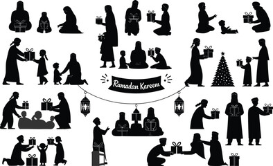 Obraz premium Ramadan Kareem silhouettes of families giving and receiving gifts and celebrating family