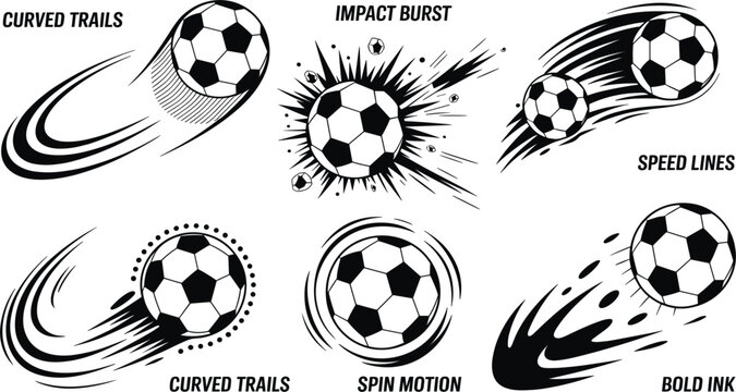 Collection of Stylized Soccer Balls with Motion Effects and Trails Keywords: soccer, football, ball, sport, game, motion, speed, action, dynamic, graphic, illustration, vector, design