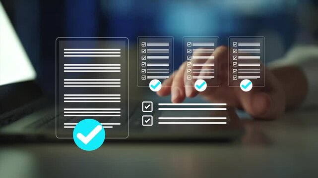 Businessman using a laptop with digital checklist and document approval icons, representing online task management, workflow automation and project completion in modern business operations.