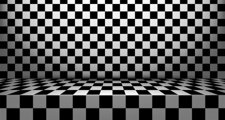 Obraz premium Three‑Dimensional Checkerboard Room with Black and White Grid Covering Floor and Wall Symmetrical Geometric Perspective Background for Abstract Optical Illusion and Design Themes