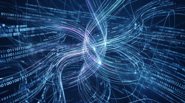 Abstract background of binary code and digital data streams flowing through fiber optic cables, symbolizing big data, information technology, and high-speed network connectivity.
