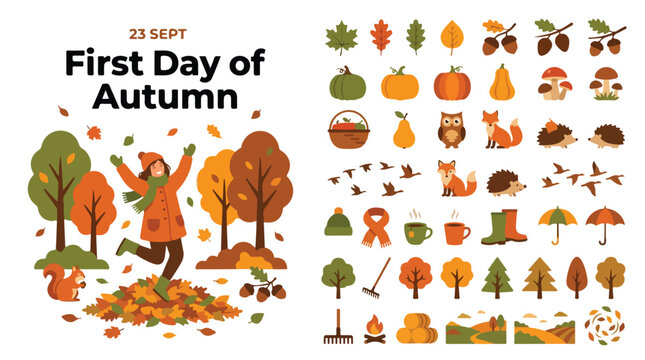 First Day of Autumn vector set, seasonal fall icons with forest animals and foliage, flat autumn illustration collection for September 23
