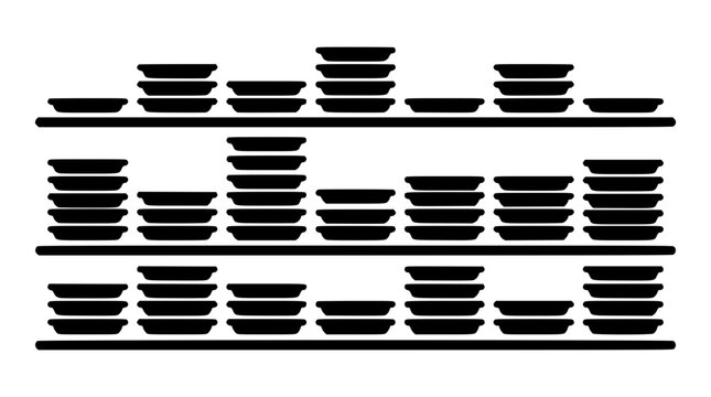 Black silhouette of stacks of plates on shelves
