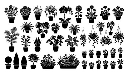 Large flowering plant silhouette vector set with potted botanical collection © MstChufia