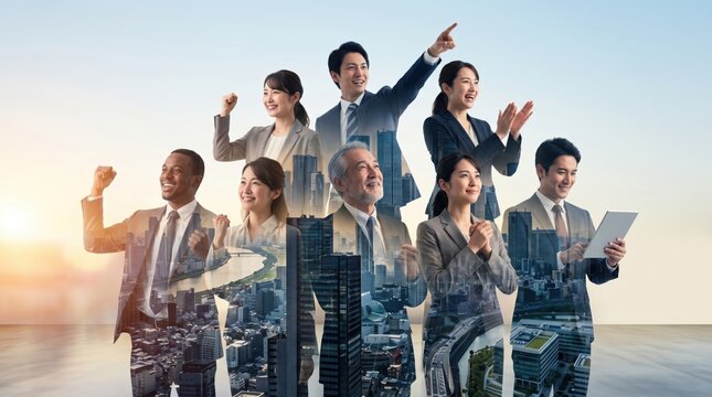 Diverse business team celebrating success with double exposure of city skyline, corporate leadership and urban development concept