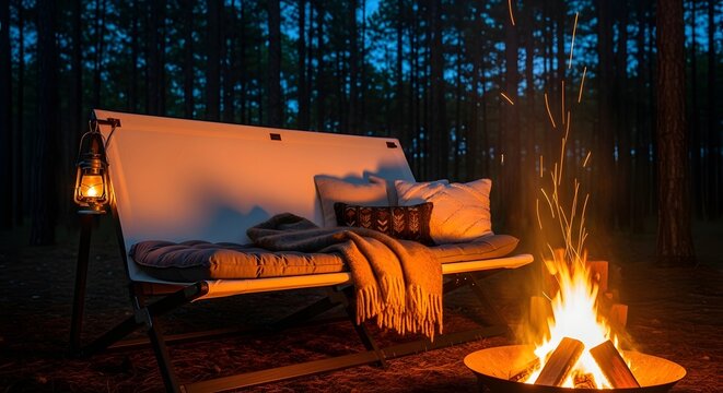 Cozy camping scene in a forest at dusk featuring a camp cot styled like an outdoor lounge beside a warm campfire, creating a relaxing and adventurous outdoor lifestyle atmosphere.