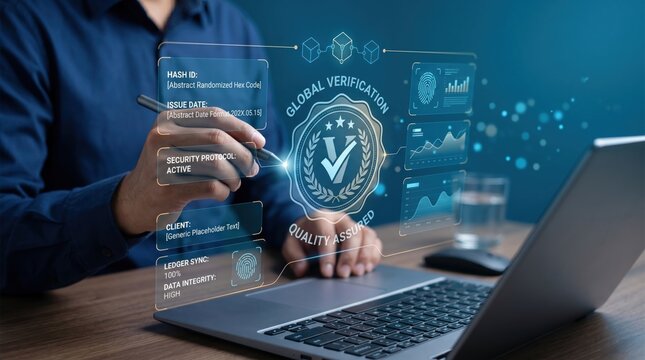 Futuristic holographic interface showing global verification and blockchain security protocol with data integrity analysis on laptop