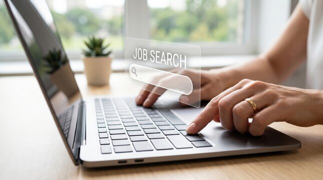 Person typing on laptop keyboard with job search hologram, online recruitment concept, career hunting, digital employment, remote work application
