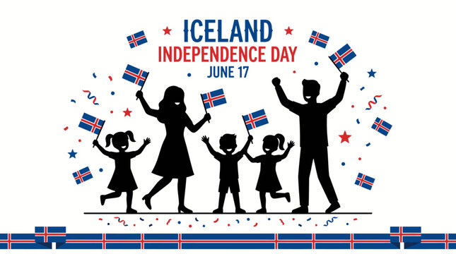 Iceland Independence Day June 17th Family Celebration Silhouette Illustration