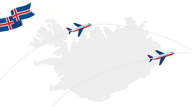 Air travel banner featuring airplanes flying over Iceland map with flag