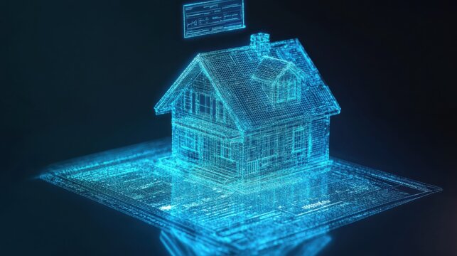 Digital model of a house displayed on a screen with blue lines and a blueprint background at a technology-focused event