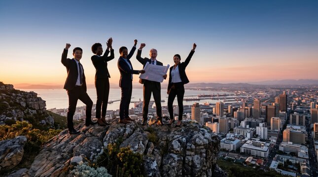 Diverse business team celebrating success on mountain peak, holding blueprint with city view at sunset, corporate victory and leadership concept