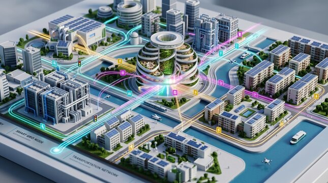 Futuristic smart city model with transportation network and innovation hub building featuring solar panels and green architecture