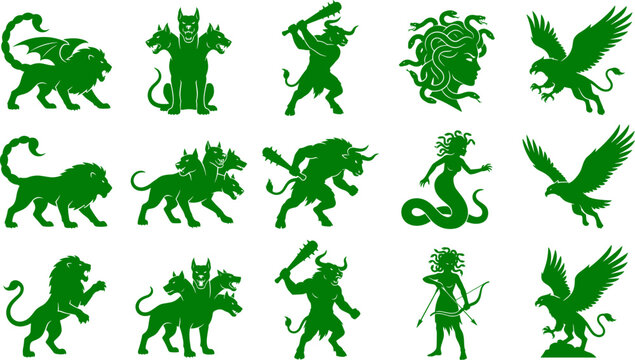 Mythological bundle of green creature silhouettes featuring medusa minotaurs and other legendary monsters