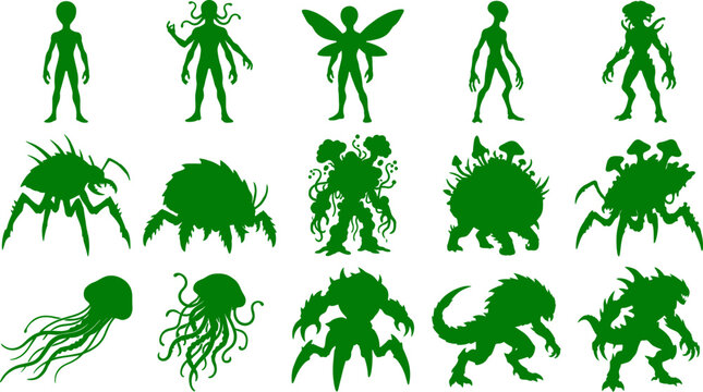 Creative bundle of green alien and monster silhouettes featuring various extraterrestrial creature designs