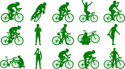 Obraz premium Professional road cyclist bundle depicting various racing positions and bike maintenance collection