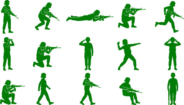 Military soldier silhouette set illustrating female infantry personnel in various tactical combat positions