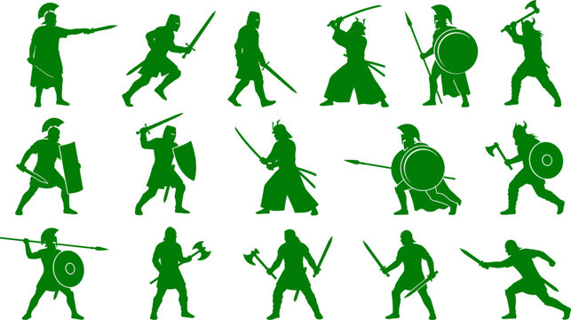 Ancient warrior silhouette bundle featuring historical combatants with swords shields and spears