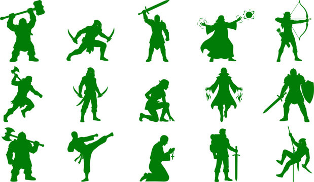 Fantasy character and adventurer collection featuring mage rogue and warrior classes bundle