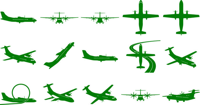 Turboprop airplane collection showing aircraft from multiple flight and landing angles bundle