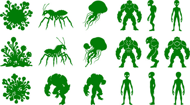 Extraterrestrial alien and monster silhouette set featuring various creature designs and sci-fi life forms