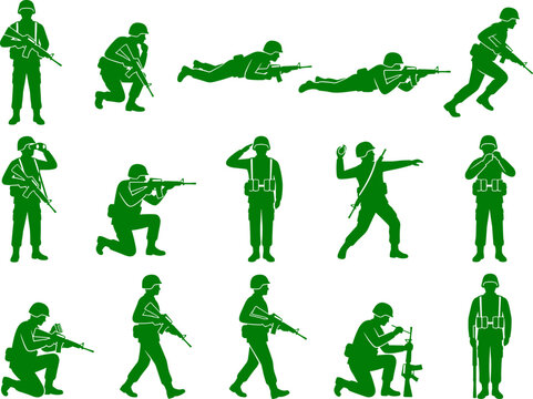 Military soldier silhouette set depicting infantry troops in various tactical combat and training positions