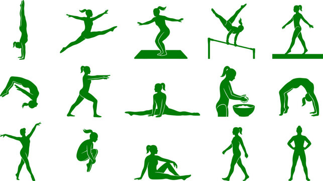 Female gymnast silhouette set demonstrating various athletic poses on balance beams and floor exercises