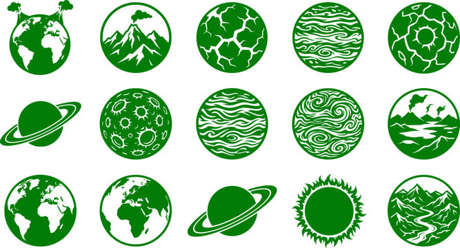 Celestial body set featuring planets and globes with various surface textures for astronomy science themes