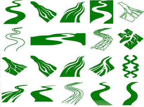 Winding river collection showing different stream paths and water flow symbols for cartography map design