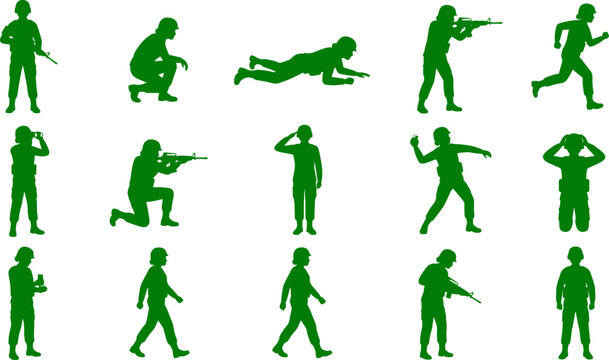 Military soldier pack including silhouettes of infantry troops in various combat poses