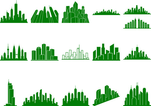 City skyline silhouette bundle containing various urban skyscraper outlines and metropolitan landscape designs