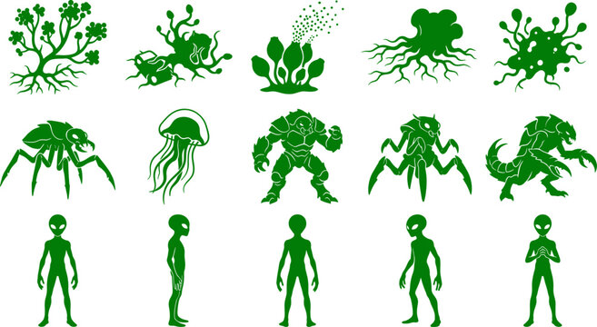 Fantasy monster and alien silhouette collection including extraterrestrial beings and mutated creature designs