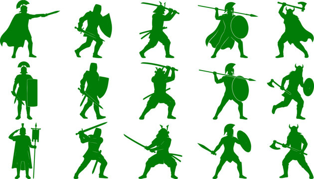 Historical warrior silhouette bundle containing knights samurais spartans and vikings for game design