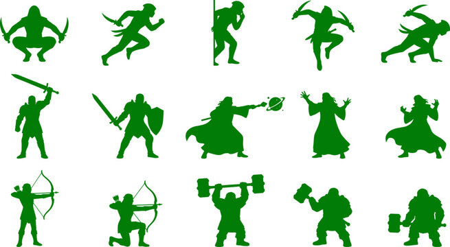 Fantasy rpg character and warrior silhouettes collection for gaming asset bundle pack