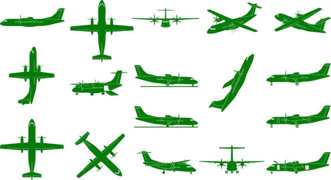 Aviation collection of propeller airplane silhouettes showing different aircraft models from multiple viewing angles and perspectives