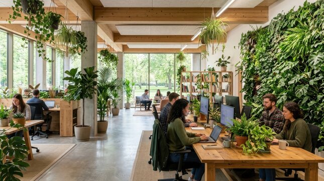 Modern office space with greenery and collaborative workstations