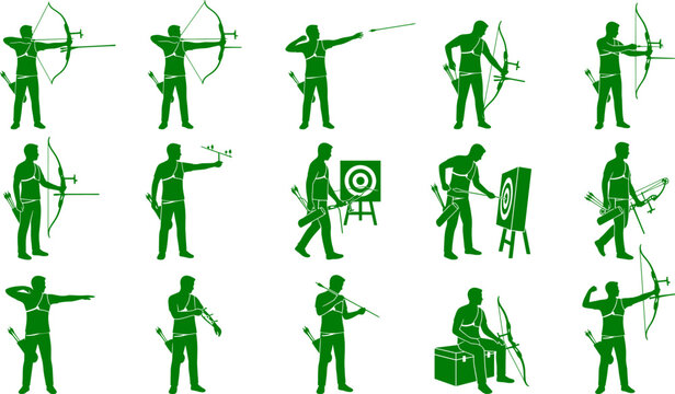 Graphic set of professional archer silhouettes demonstrating various bow and arrow shooting techniques and poses