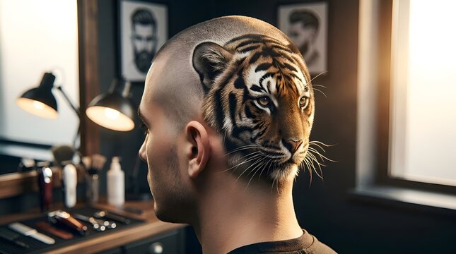 Man with Tiger Hair Art at Barbershop