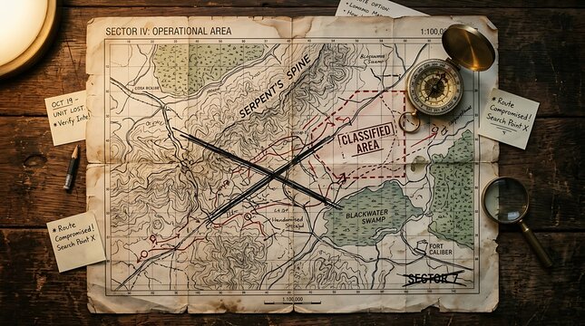 Old vintage navigation map on wooden desk with antique compass and notes for planning exploration navigation exploration