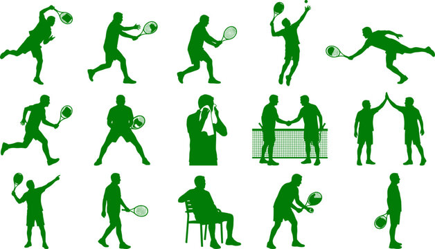 Professional tennis player silhouette pack performing serves backhands and various athletic match actions