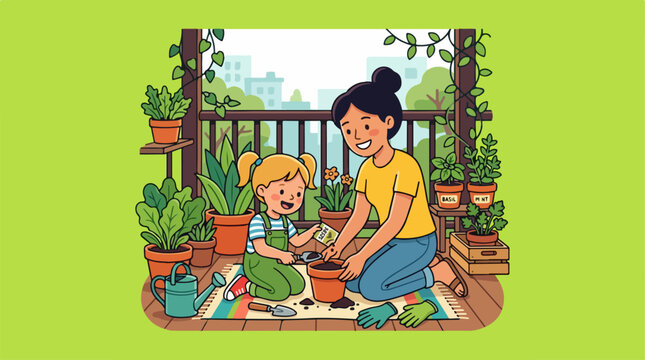 Child helping parent plant on balcony
