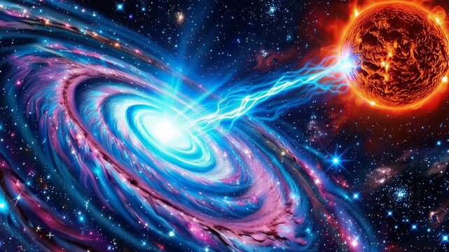 Cosmic explosion near a spiral galaxy with a bright star emitting energy jets in deep space 4k video