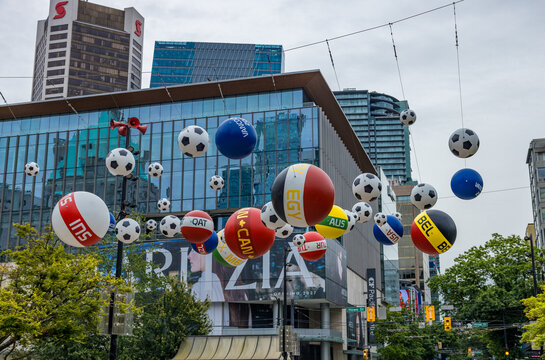 FIFA World Cup 2026 ball installation over downtown street