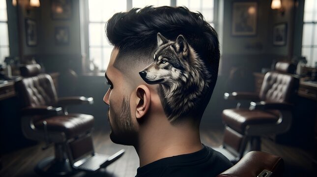 Man with wolf hair design in a barber shop