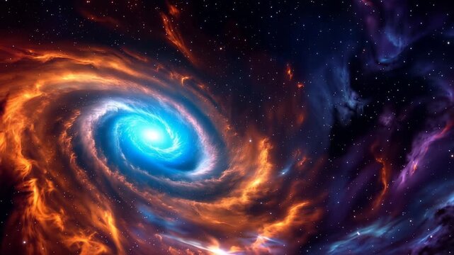 Cosmic spiral galaxy with vibrant colors and swirling nebulae in deep space 4k video