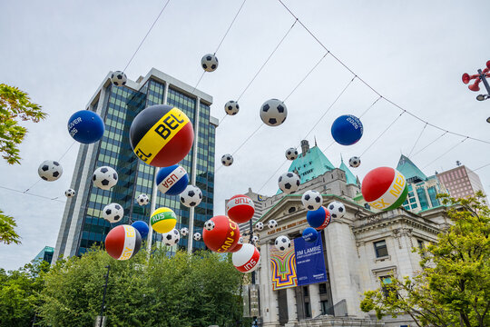 FIFA World Cup ball cluster over Vancouver Art Gallery