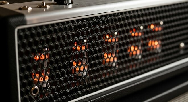Close up of glowing vacuum tubes inside a guitar amplifier head with metal mesh grille for music production