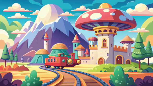 Whimsical train travels through fantasy mushroom castle landscape with mountains during daytime vector illustration