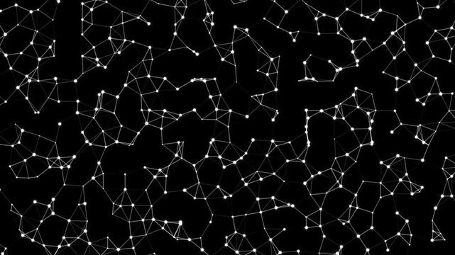 Network nodes form a complex digital connection map represented by white glowing dots and thin lines on black.